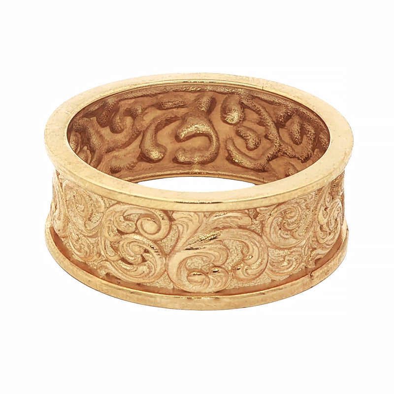 Yellow gold men's band with intricate baroque scrollwork and textured finish.