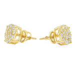 Yellow gold round cluster diamond stud earrings with multiple sparkling stones.