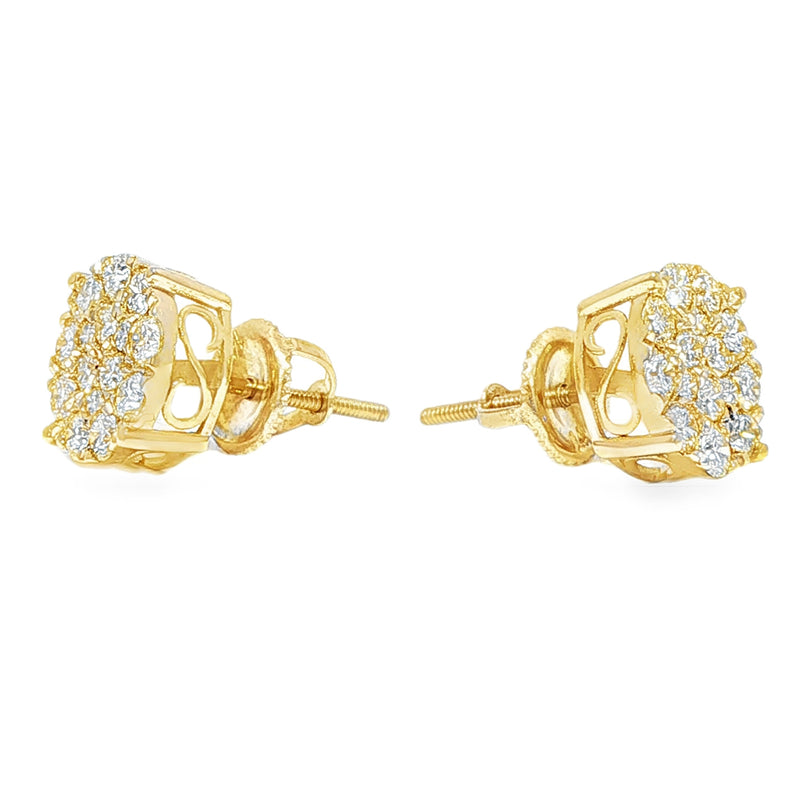 Yellow gold round cluster diamond stud earrings with multiple sparkling stones.