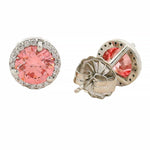 Round pink center diamond stud earrings with white gold halo setting.