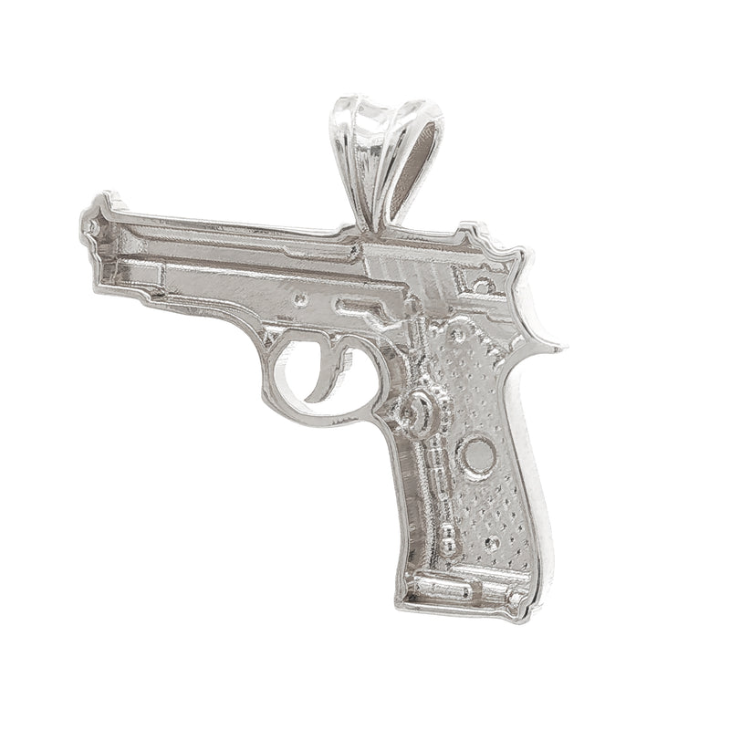 Sterling silver pistol-shaped pendant with detailed grip and trigger design.