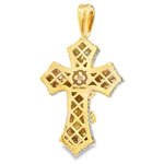 Gold cross pendant with lattice design and diamond accents on edges.