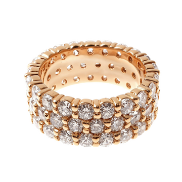 Rose gold 3-row diamond eternity band with round-cut diamonds set all around.