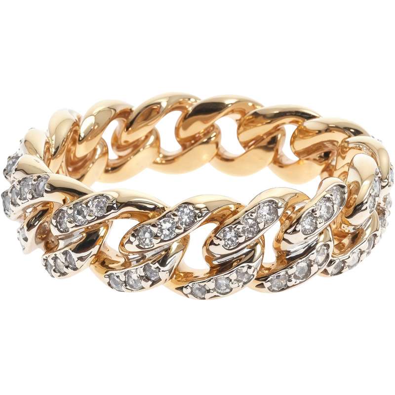 14k yellow gold Miami Cuban diamond ring – front view showing diamond-set links across the face