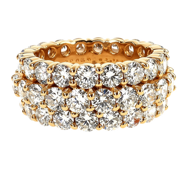 Three-row eternity diamond ring in polished yellow gold with round brilliant stones.