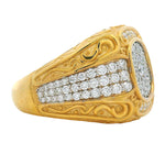Yellow gold men's ring with diamond filigree and clustered round diamonds centerpiece.