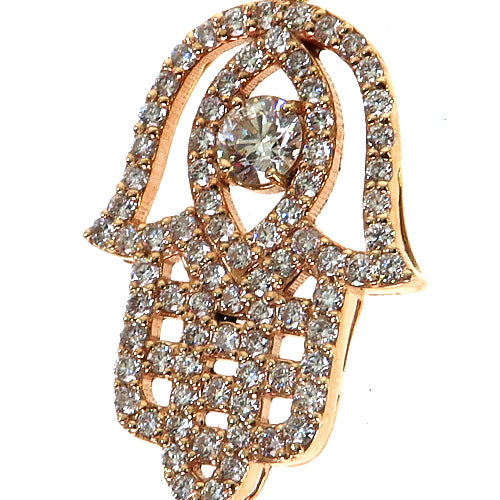 Rose gold Hamsa pendant with pave diamonds and marquise center stone on bail.