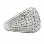 925 silver men's ring with cluster diamonds and intricate filigree detailing.