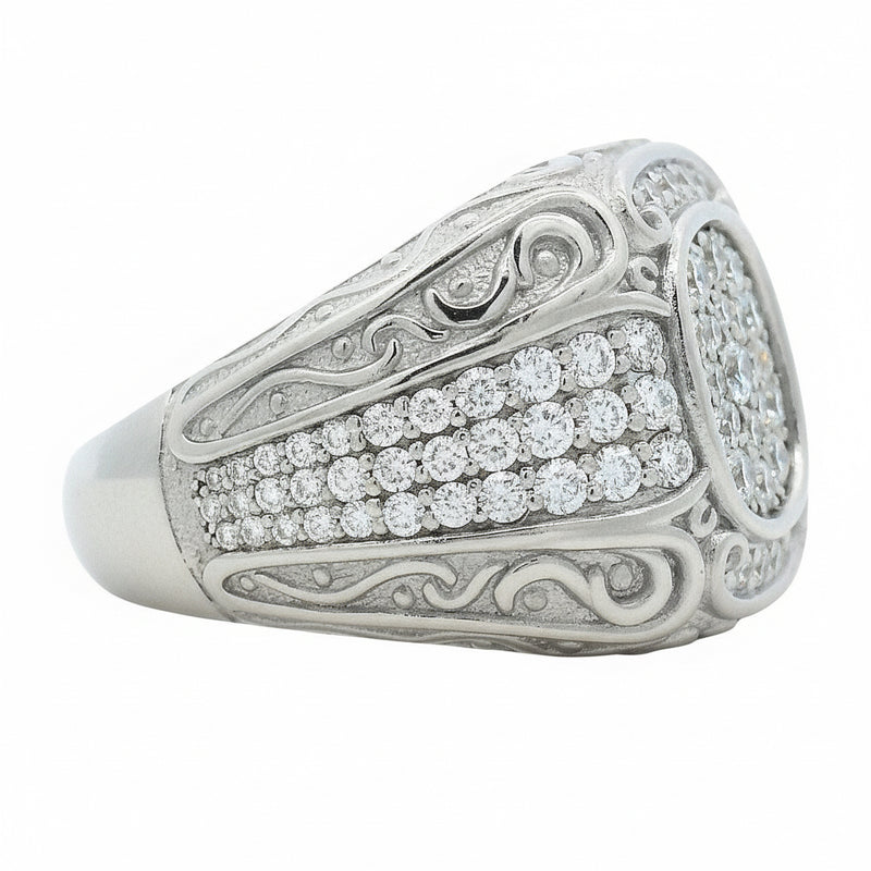 925 silver men's ring with cluster diamonds and intricate filigree detailing.