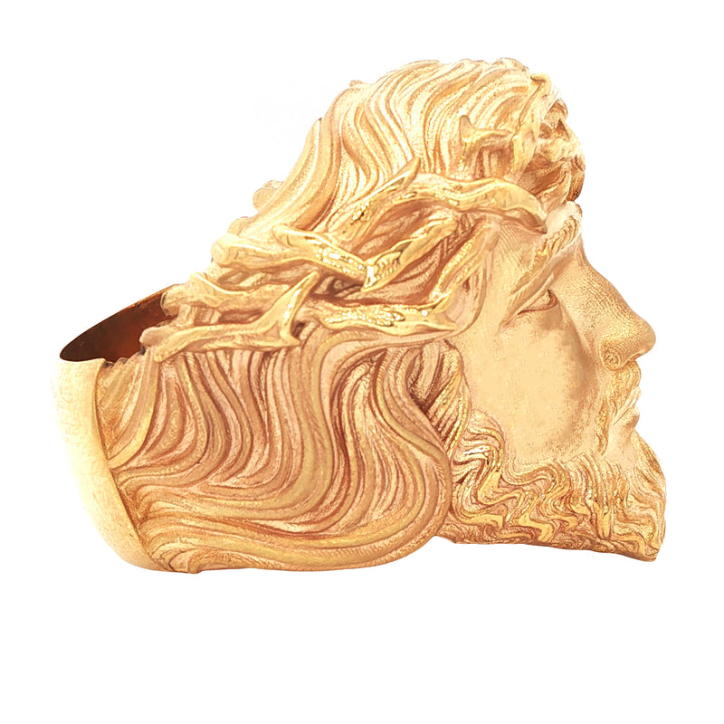 Yellow gold Jesus face ring with detailed crown of thorns and beard design.