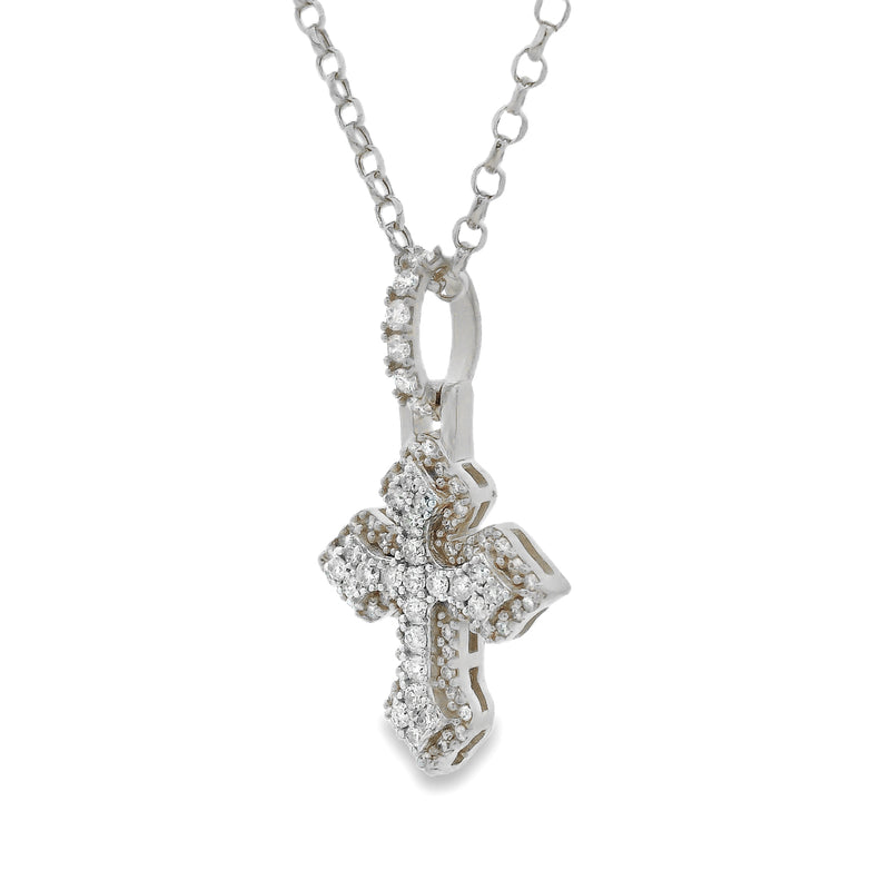 White gold mini cross pendant with sparkling diamond accents on chain.