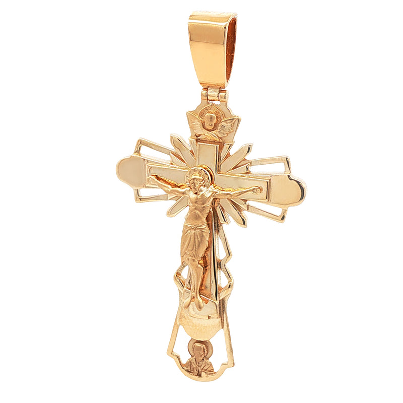 Yellow gold crucifix pendant with detailed Jesus figure and decorative cross design.