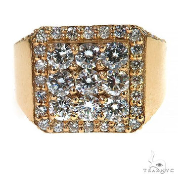 Yellow gold men's ring with 3x3 diamond cluster and diamond halo setting.