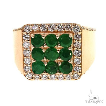 Yellow gold men's ring with 3x3 emerald cluster framed by round diamonds.