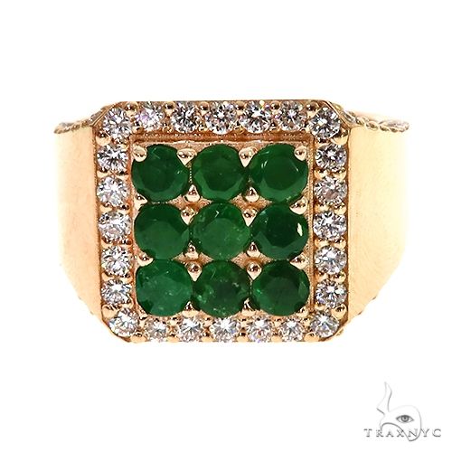 Yellow gold men's ring with 3x3 emerald cluster framed by round diamonds
