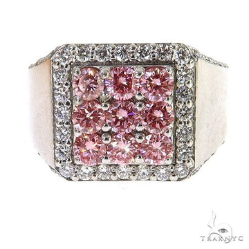 Square men's ring with pink diamonds surrounded by clear diamonds in white metal band.