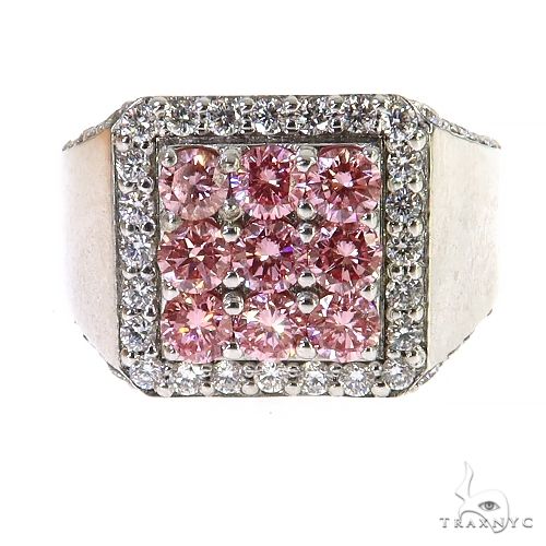 Square men's ring with pink diamonds surrounded by clear diamonds in white metal band