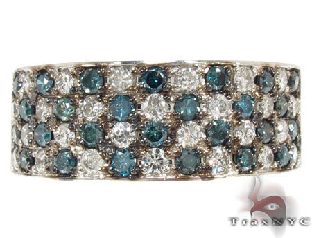 Wide checker-pattern diamond ring with alternating blue and white stones in white metal band