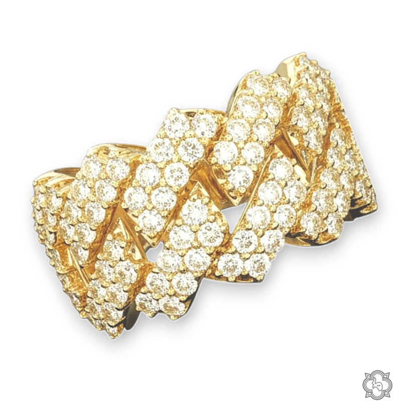 14K yellow gold Cuban link ring with two rows of sparkling round diamonds.