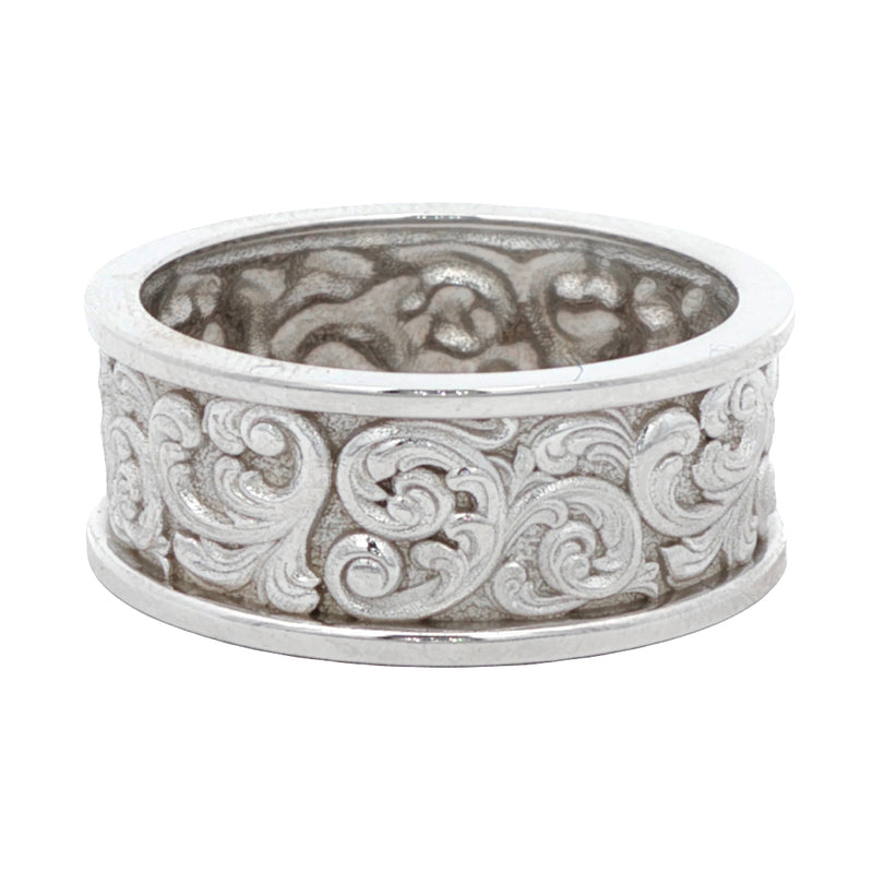 Yellow gold men's band with intricate baroque scrollwork and textured finish.