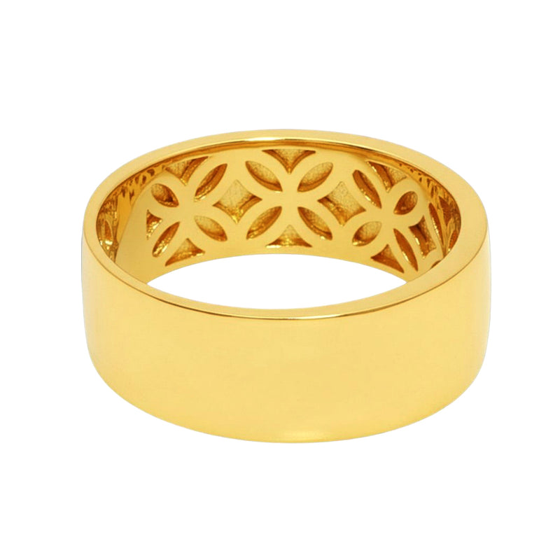 Yellow gold three-row wedding band with round diamonds in a sleek, polished setting.