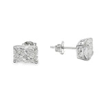 Pair of radiant cut diamond stud earrings with four-prong white gold setting, brilliant facets