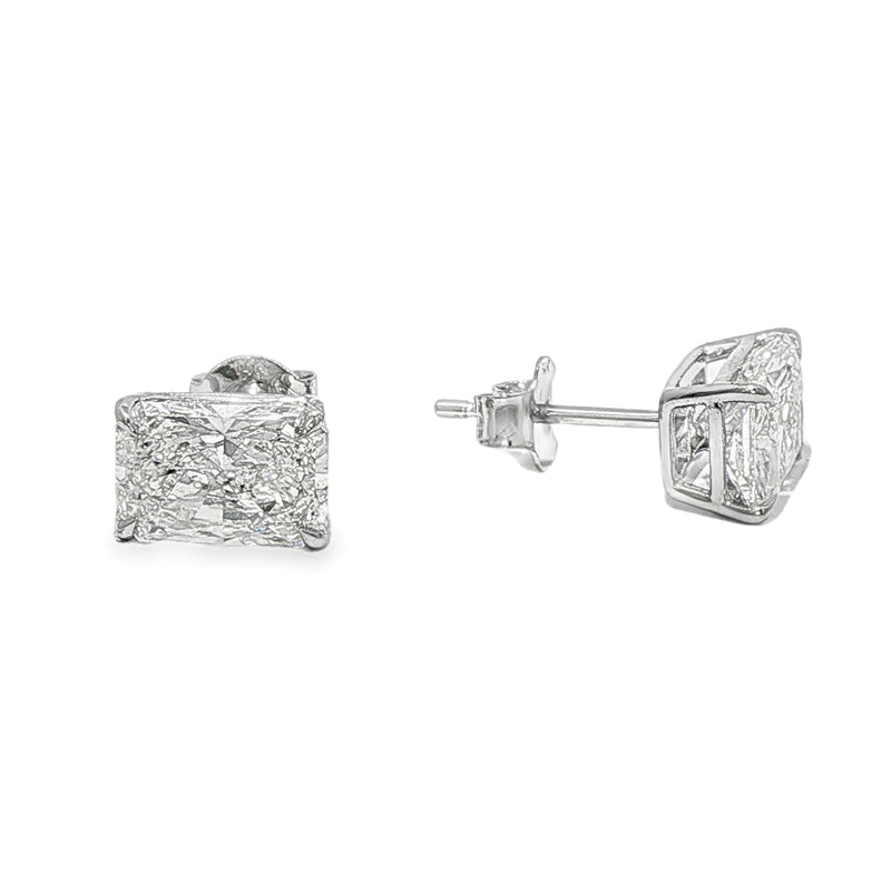 Pair of radiant cut diamond stud earrings with four-prong white gold setting, brilliant facets