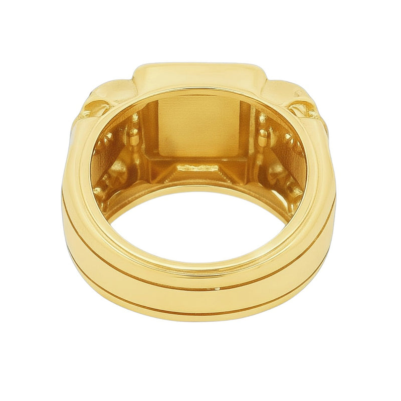 Yellow gold men's ring with double skull design and square diamond cluster center.