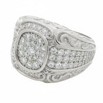 925 silver men's ring with cluster diamonds and intricate filigree detailing.