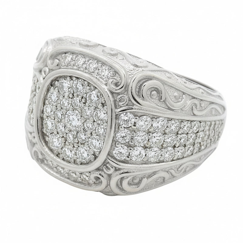 925 silver men's ring with cluster diamonds and intricate filigree detailing.