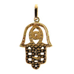 Rose gold Hamsa pendant with pave diamonds and marquise center stone on bail.