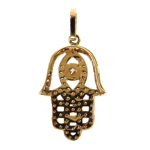 Rose gold Hamsa pendant with pave diamonds and marquise center stone on bail.