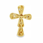 Yellow gold baguette and round diamond cross pendant with intricate gemstone detailing.