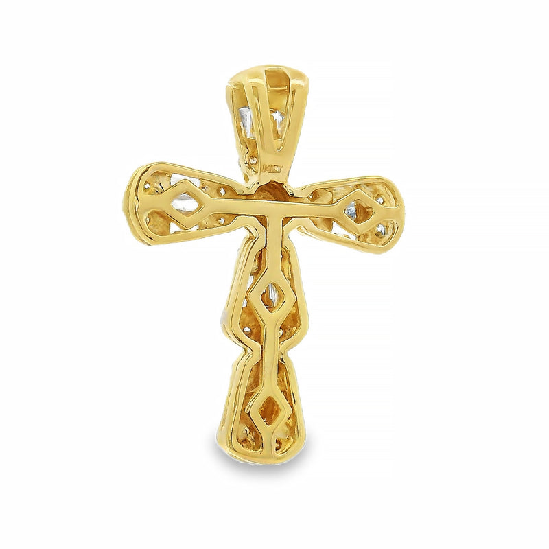 Yellow gold baguette and round diamond cross pendant with intricate gemstone detailing.