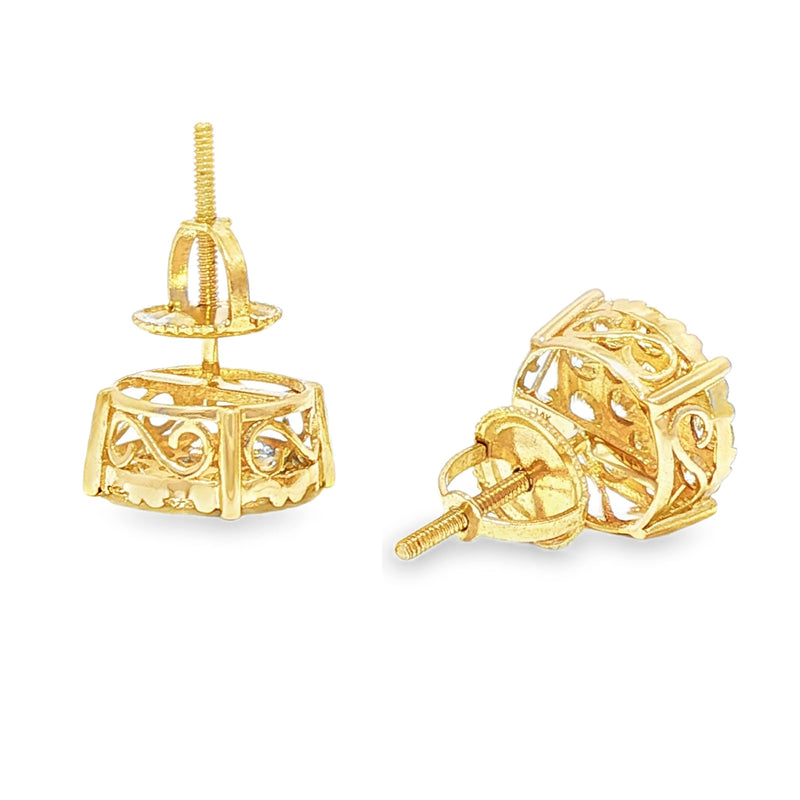 Yellow gold round cluster diamond stud earrings with multiple sparkling stones.