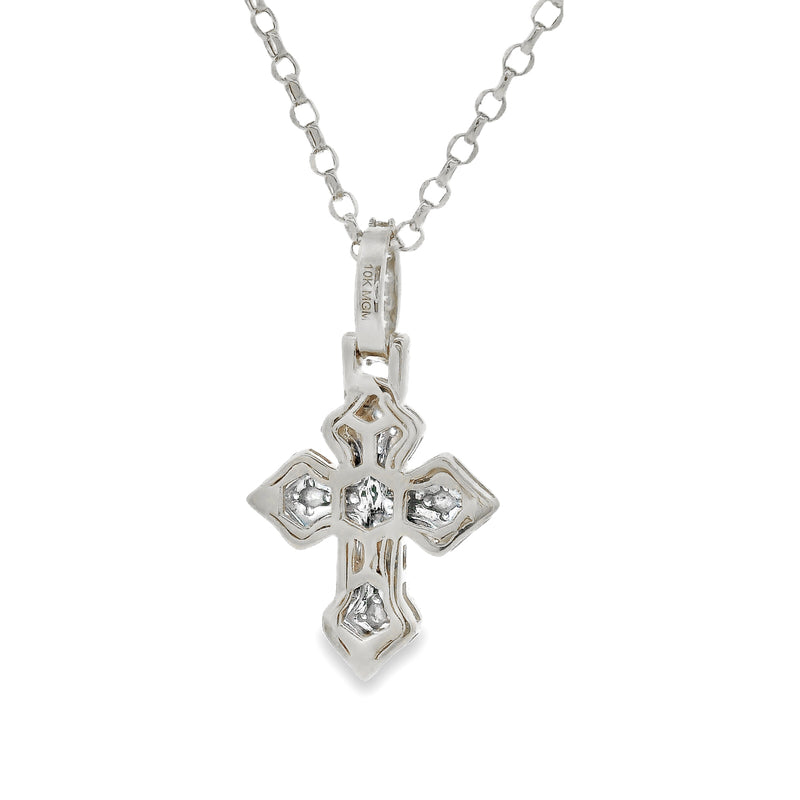 White gold mini cross pendant with sparkling diamond accents on chain.