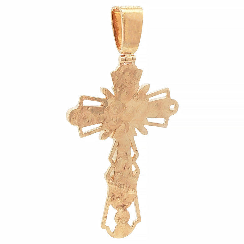 Gold crucifix pendant with detailed Jesus figure, polished finish, and rectangular bail.