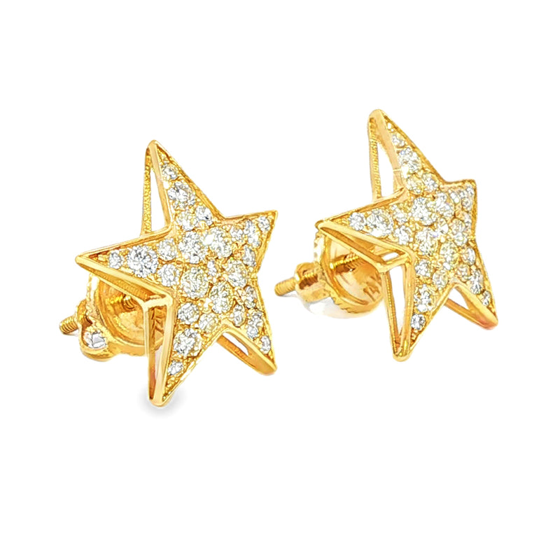 Yellow gold star-shaped cluster diamond stud earrings with bright white diamonds.