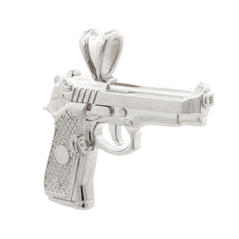 Sterling silver pistol-shaped pendant with textured grip and detailed barrel.