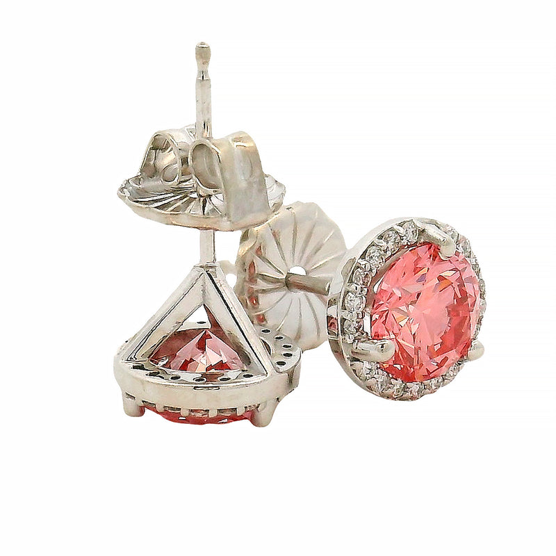 Round pink center diamond stud earrings with white gold halo setting.