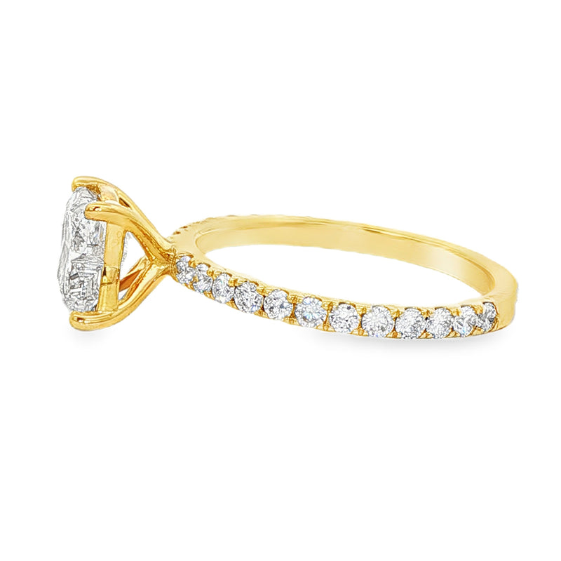 Yellow gold band engagement ring with flower-cut diamond center and small round side diamonds.