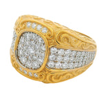 Yellow gold men's ring with diamond filigree and clustered round diamonds centerpiece.