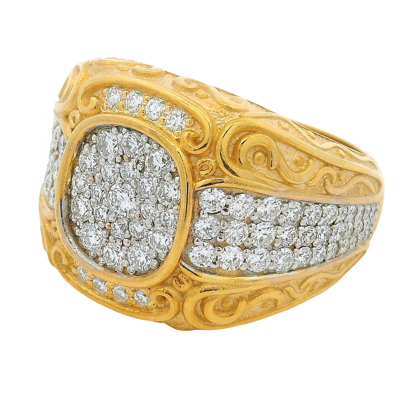 Yellow gold men's ring with diamond filigree and clustered round diamonds centerpiece.
