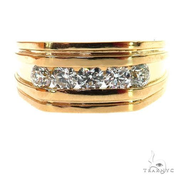 Yellow gold men's wedding band with five round diamonds set in the center.