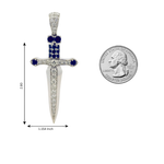 Silver sword pendant with blue sapphires and sparkling diamonds detailing.