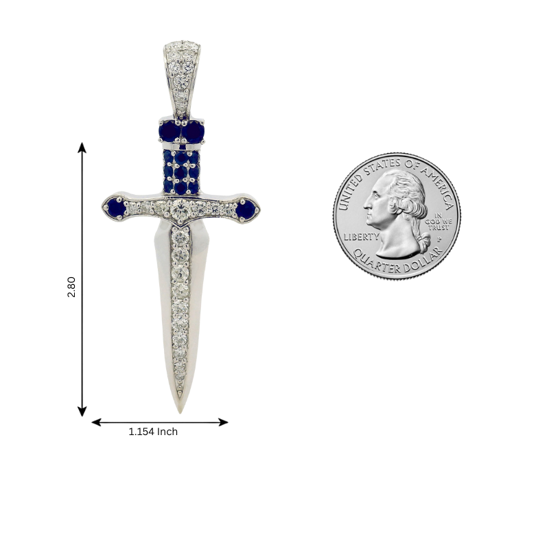 Silver sword pendant with blue sapphires and sparkling diamonds detailing.