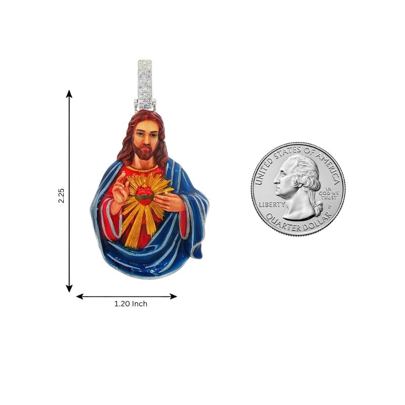 Silver enamel pendant featuring Sacred Heart Jesus with red and blue detailing, 1.2 inch tall.