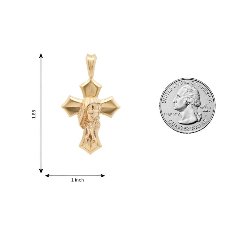 Gold praying Virgin Mary cross pendant with detailed figure, 1 inch tall, ornate edges.