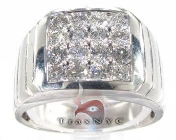 Men's white gold ring with square diamond cluster and engraved band detailing