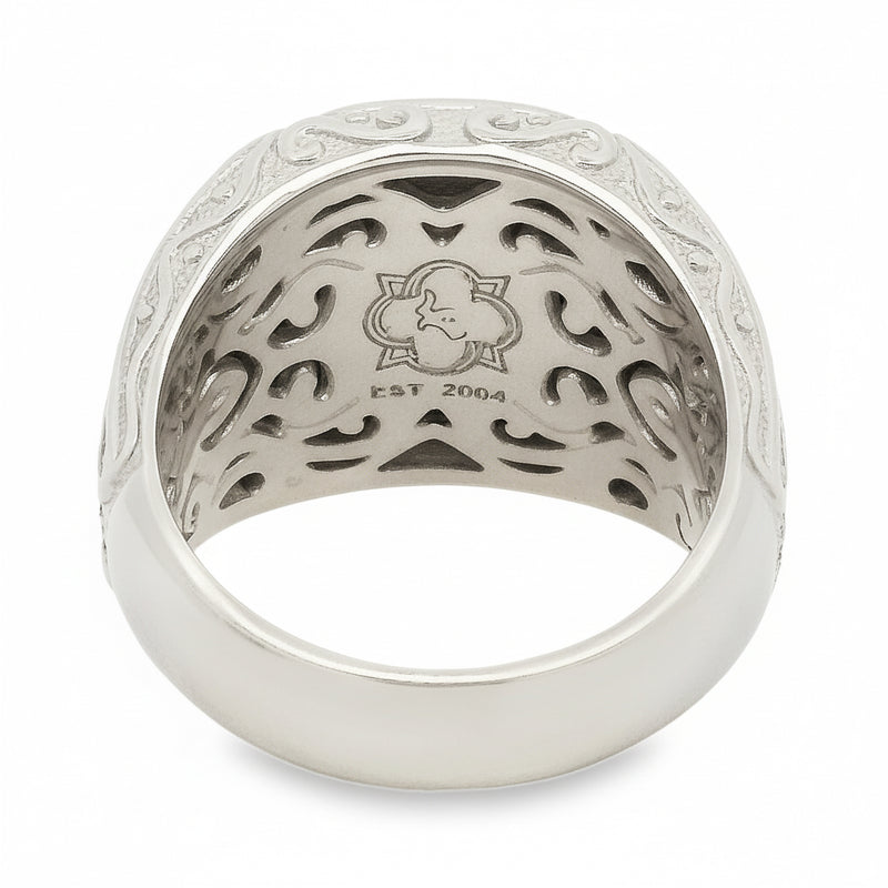925 silver men's ring with cluster diamonds and intricate filigree detailing.